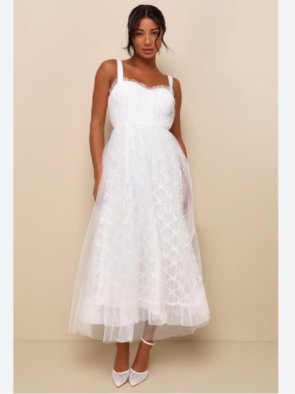 Lulus Ethereal Impression White Tulle Ruffled Bustier Midi Dress Small New